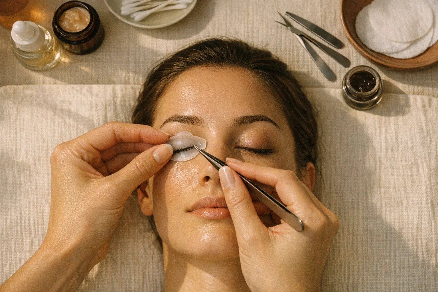 Plan macro du geste de pose lashlift